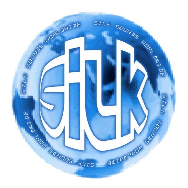 Tall blocky text on top of a spinning globe that says SILK. There's text surrounding the globe and logo that repeats Silk Sounds Worldwide.