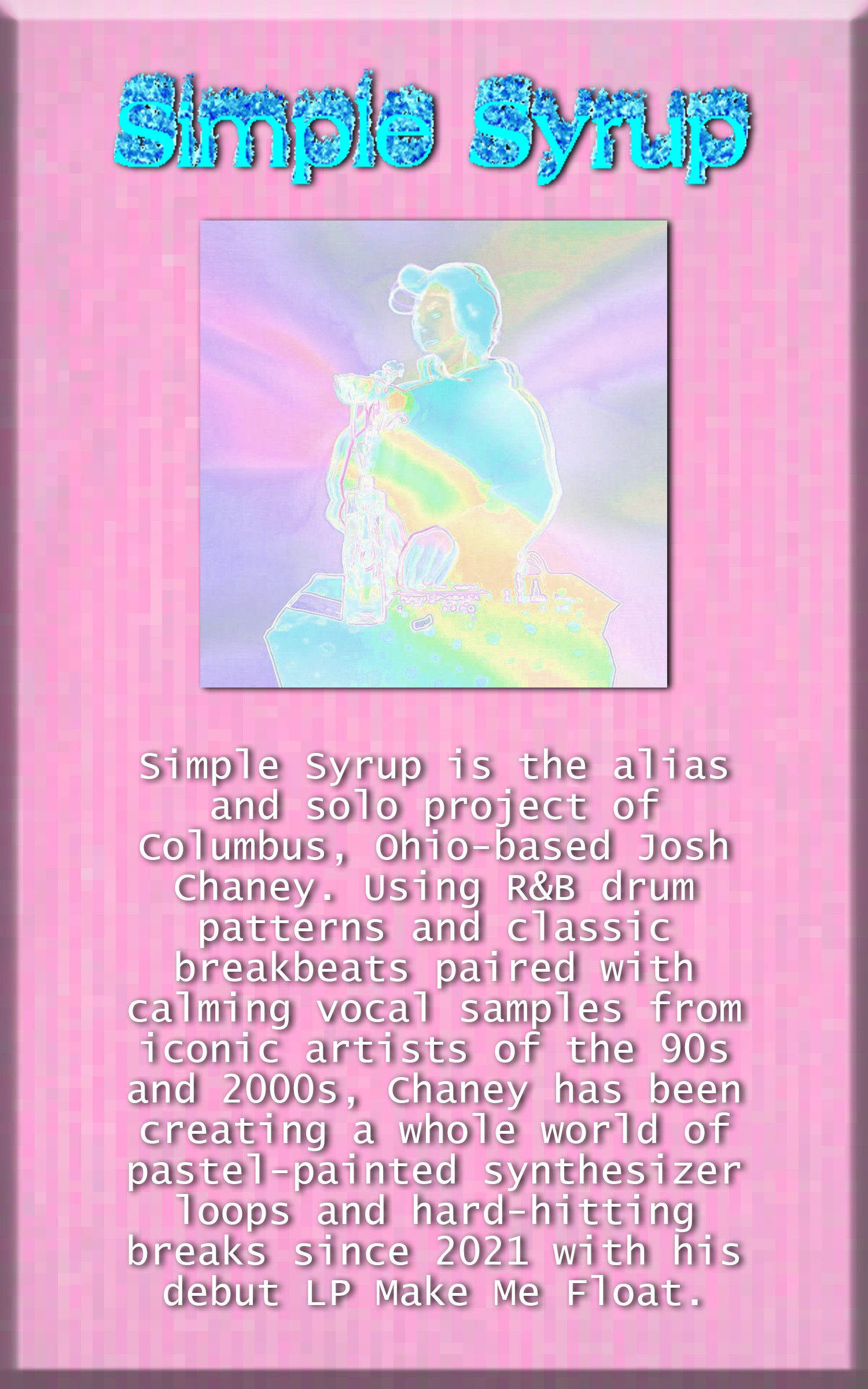 A picture of Simple Syrup playing live for an online show with light-colored pastel glitch visuals covering him.